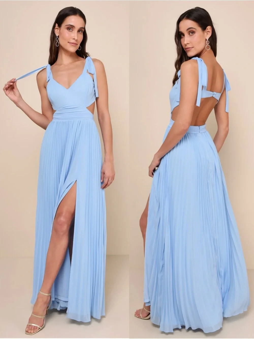 LULUS Pleated Chiffon Tie Strap Cutout Open Back Wedding Guest Goddess Dress S